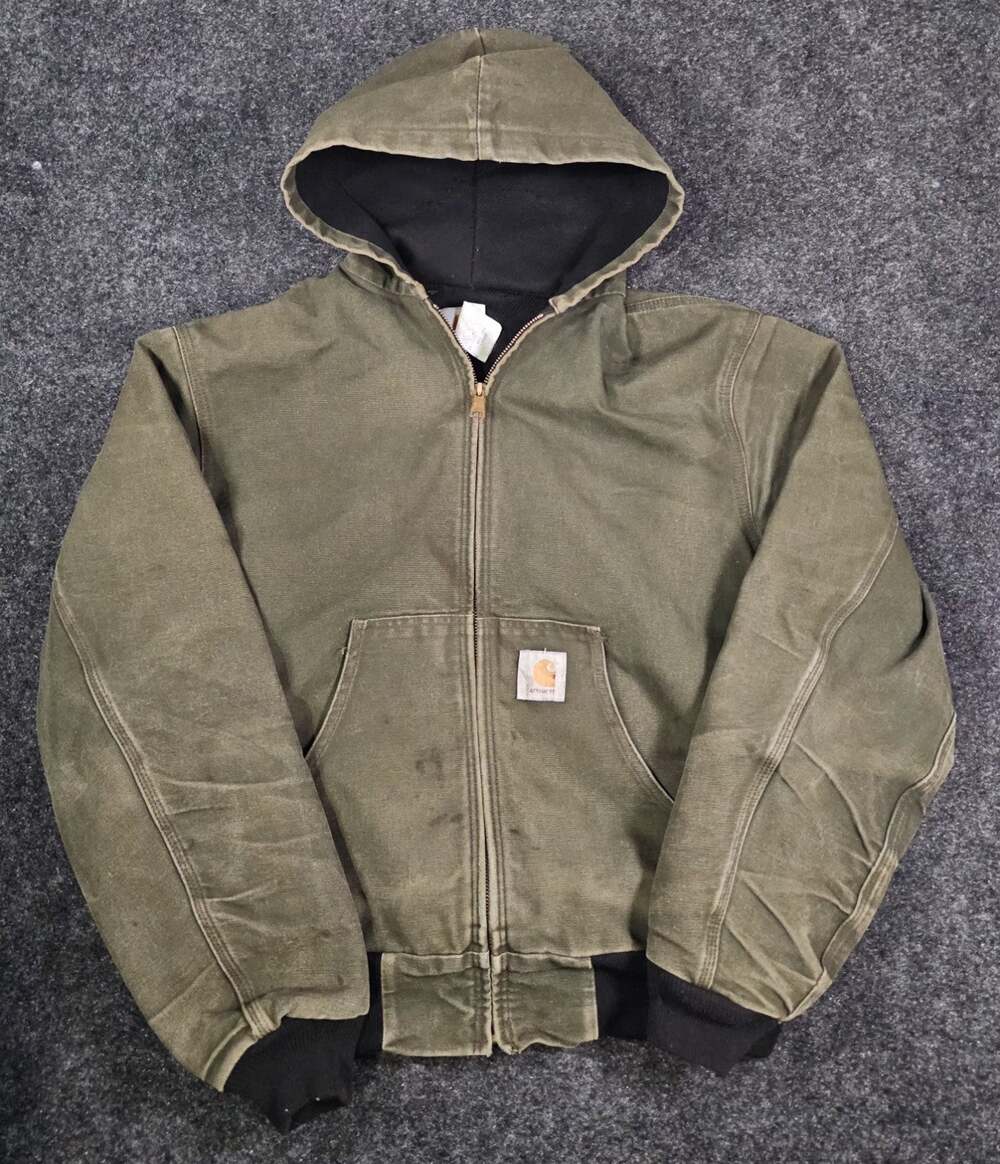 Vintage Carhartt Jacket Size Large Green J03 GRN Thermal Lined Hooded Distressed